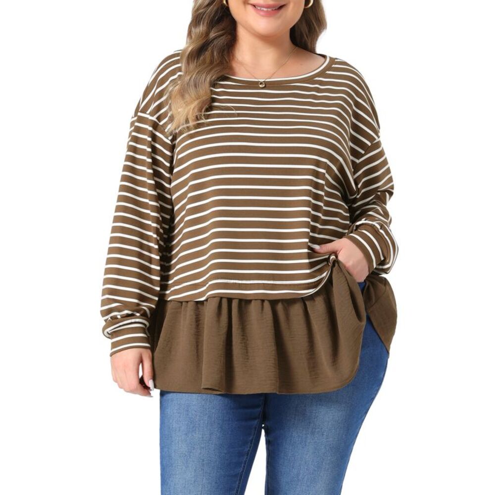 Women Plus Size Crew Neck Striped Panel Peplum Tops Brown